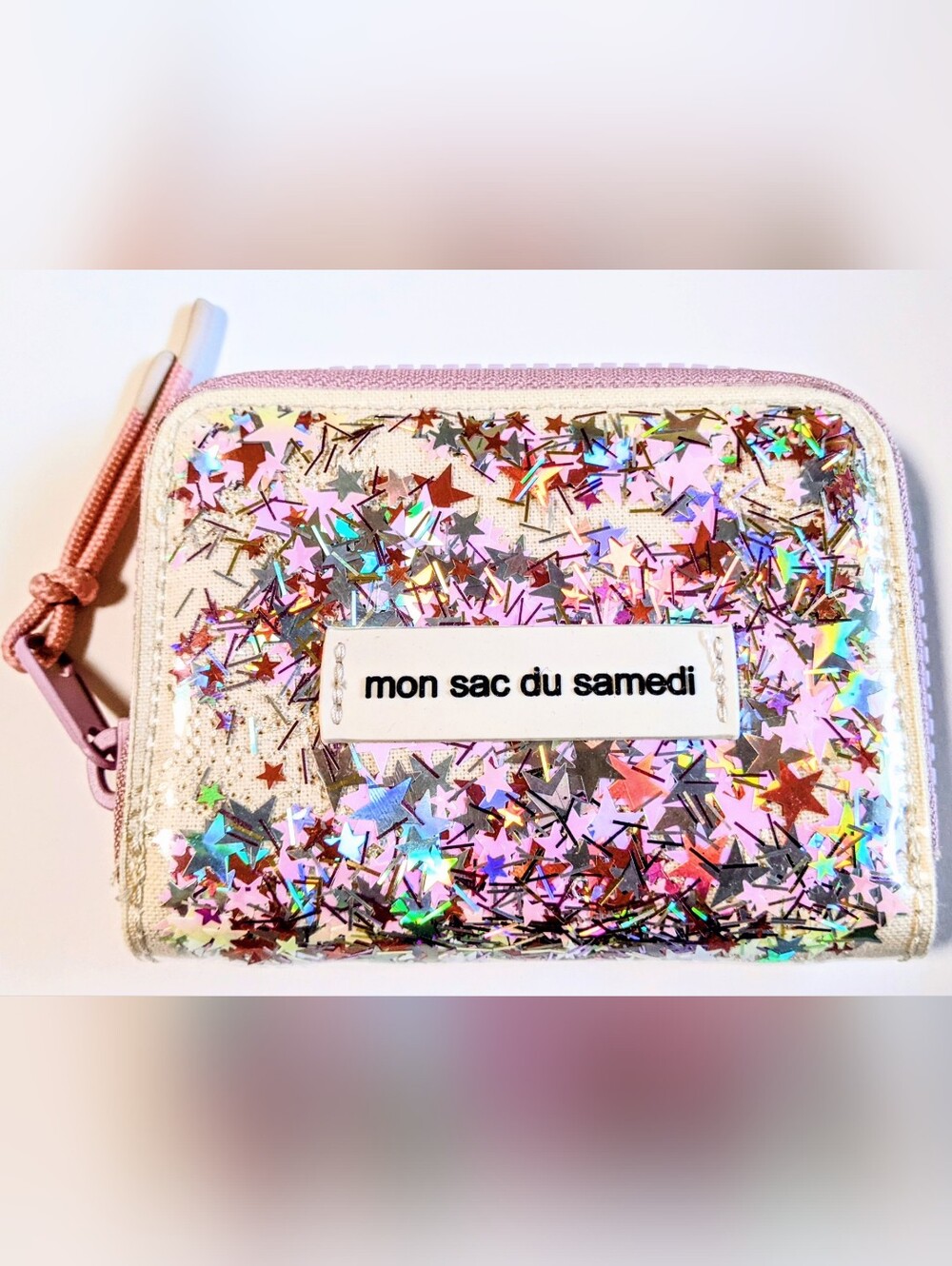 Zara Limited Sm purple Pink Zip coin Pouch Holographic Vinyl Star slots Recycled
